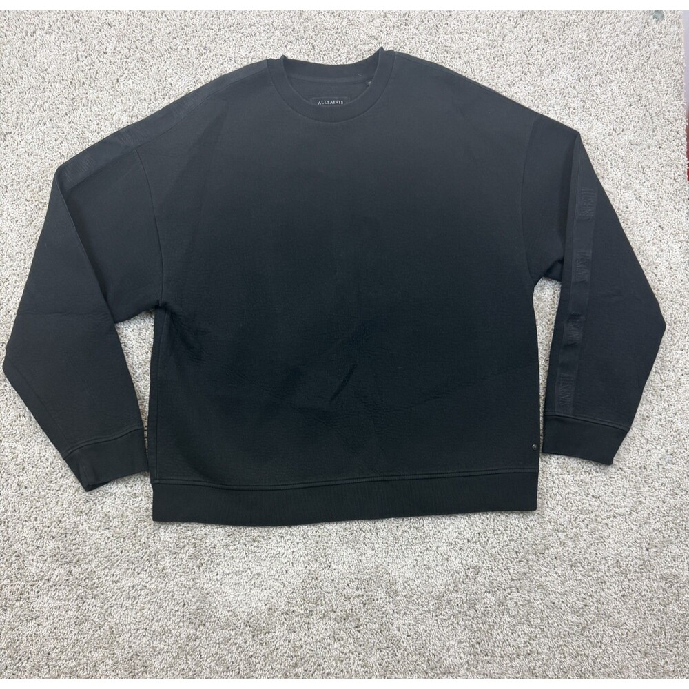 AllSaints Mens Large Black Cotton Crewneck Sweatshirt Tonal Logo Sleeve Pullover